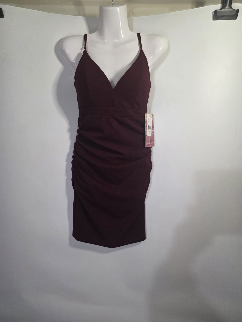 Emerald Sundae Burgundy Ruched Bodycon Mini Dress Size S. NWT.